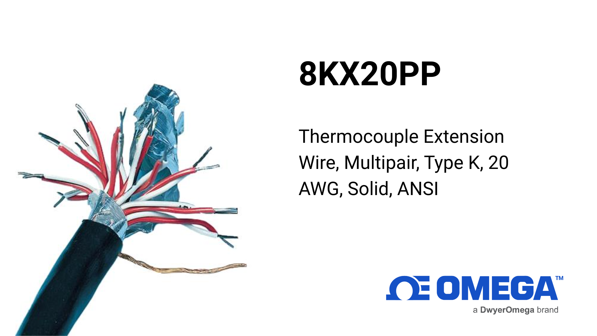 Omega 8KX20PP Thermocouple Extension Wire – Type K, 20 AWG, Solid, Multipair